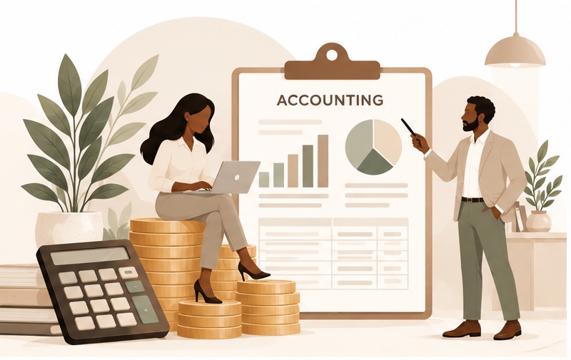 Accountants reviewing a financial report with charts, coins and a laptop