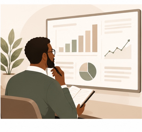 Advisor reviewing performance charts and analytics on a large screen