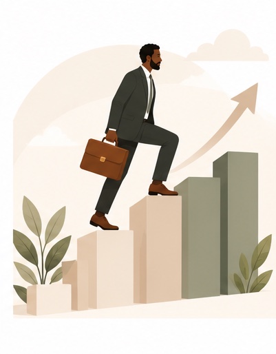 Businessman climbing an ascending bar chart with a briefcase, symbolising business growth