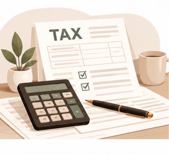 Tax compliance checklist with a calculator and pen on a desk